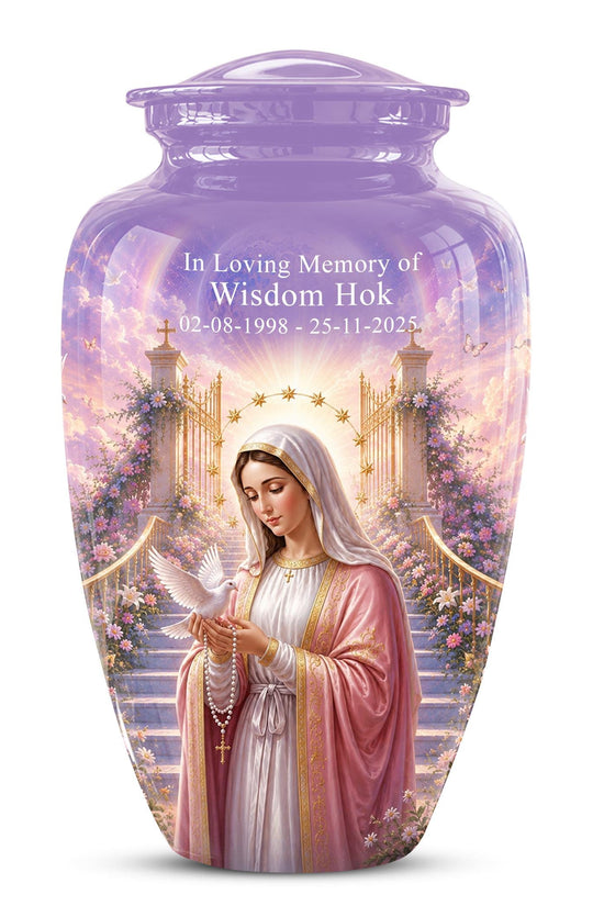 Personalized Virgin Mary Cremation Urn for Ashes - Our Lady of Grace Memorial Urn, Catholic Rosary Tribute