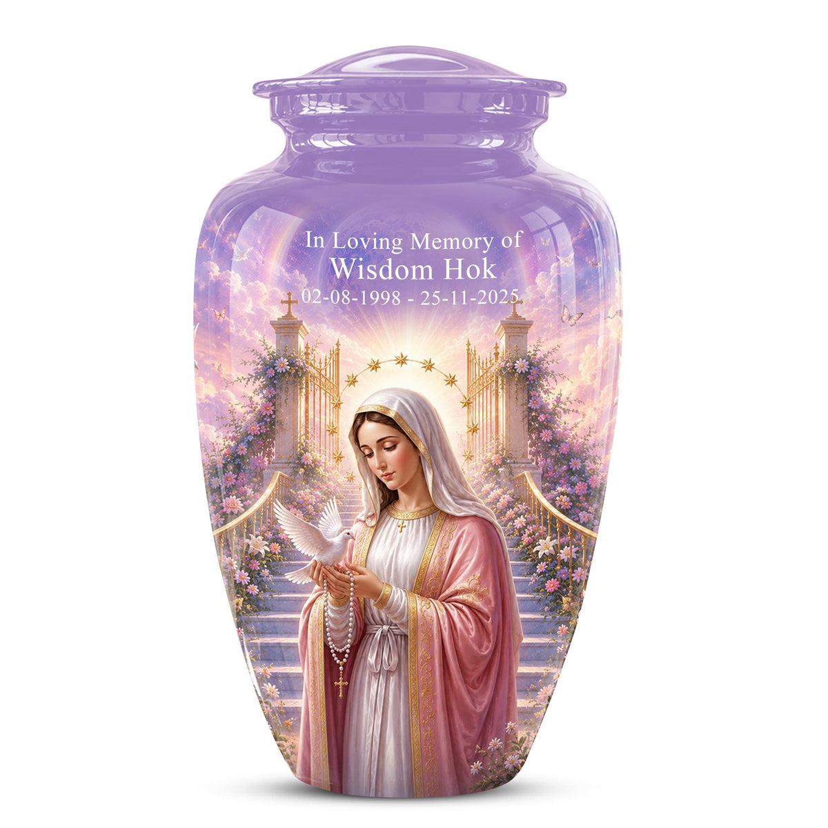 Personalized Virgin Mary Cremation Urn for Ashes - Our Lady of Grace Memorial Urn, Catholic Rosary Tribute