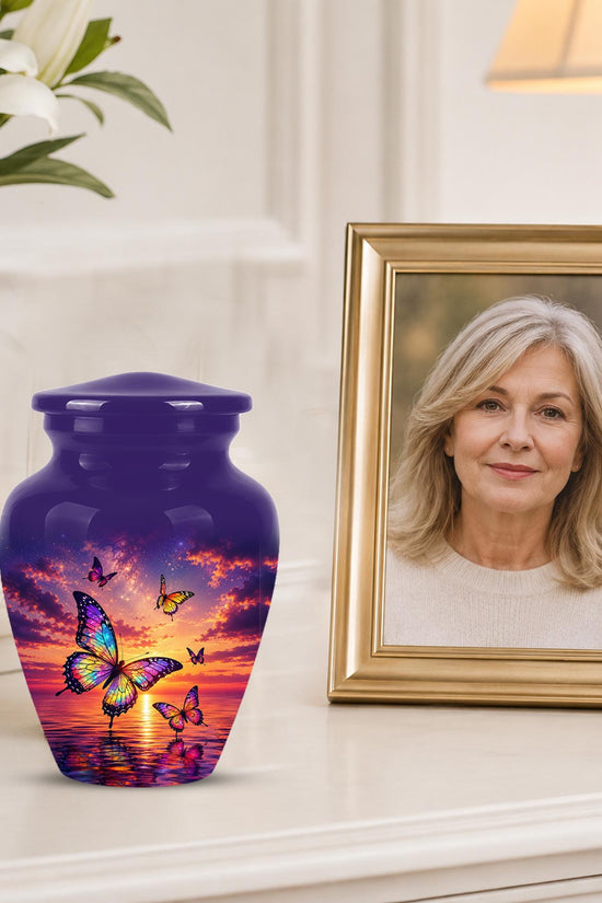 Personalized Butterfly Cremation Urn - Sunset Memorial Keepsake, Metal Ashes Urn