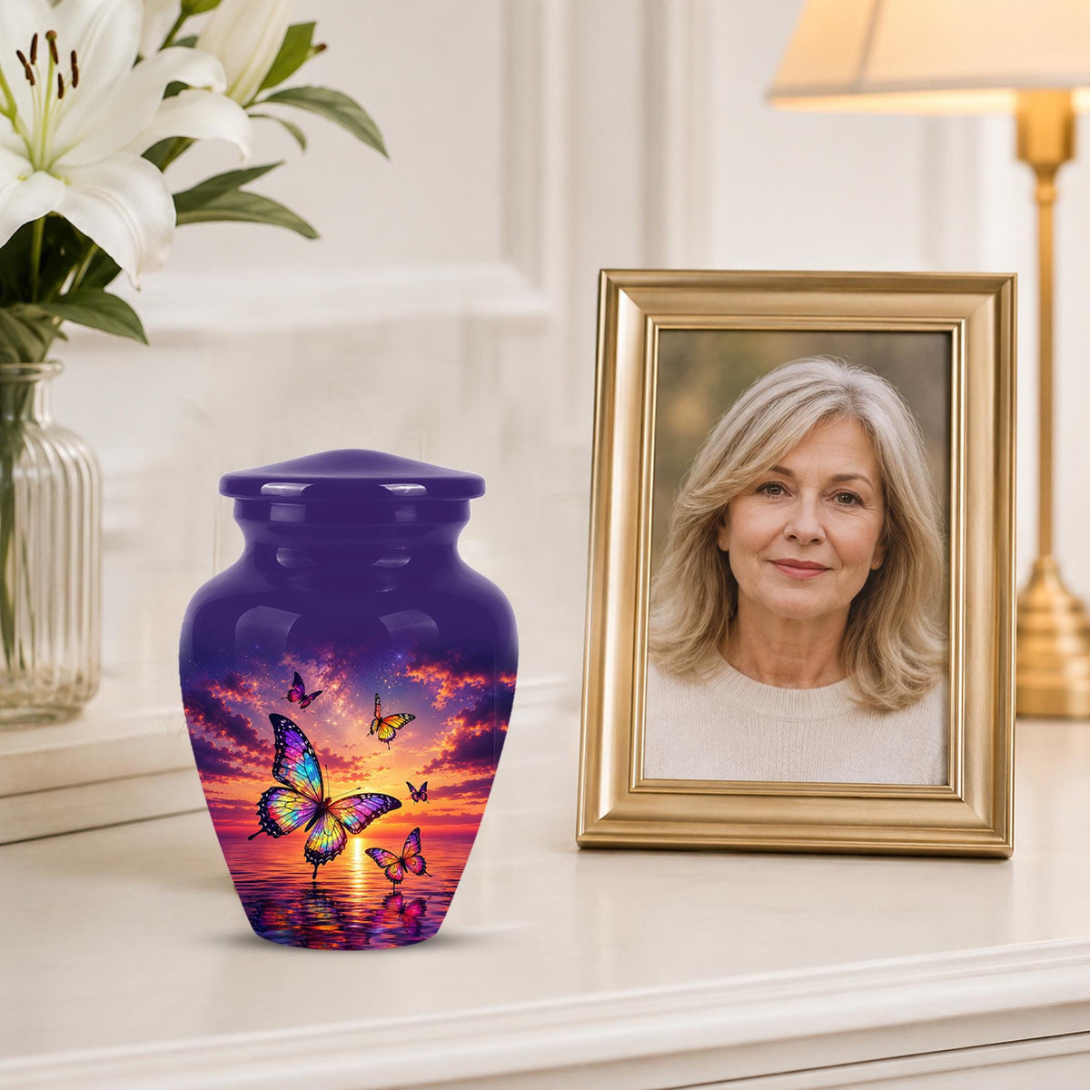 Personalized Butterfly Cremation Urn - Sunset Memorial Keepsake, Metal Ashes Urn