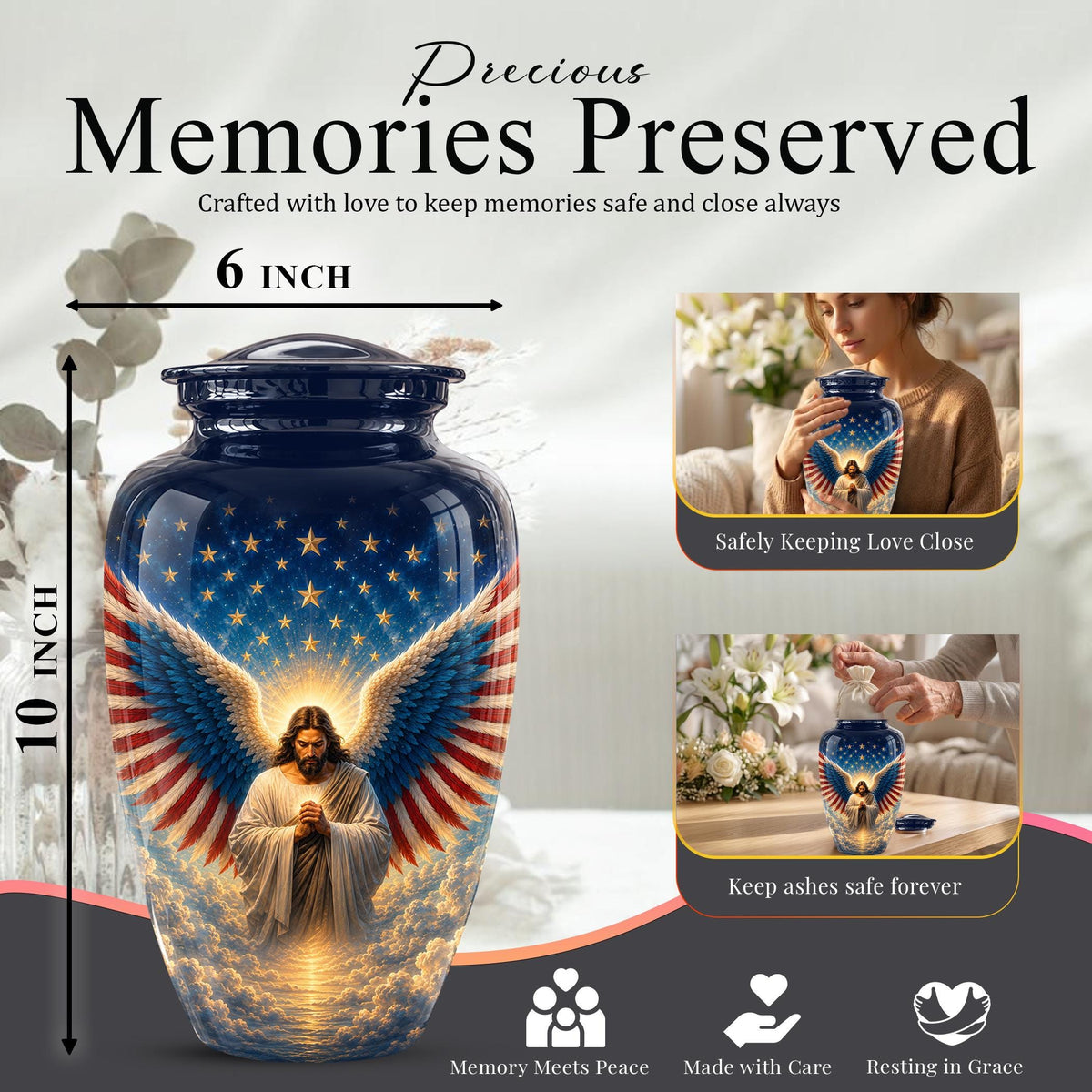 Personalized Christian Memorial Urn - Jesus Angel Wings Cremation Urn (200 Cubic)