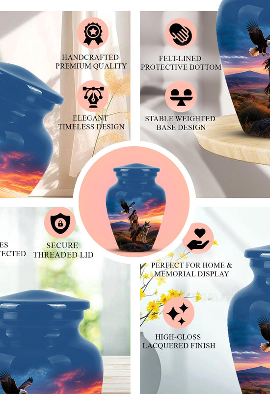 Personalized Native American Cremation Urn for Ashes - Eagle & Wolf Memorial Urn, Custom Human Ashes Urn, Spiritual Funeral Urn