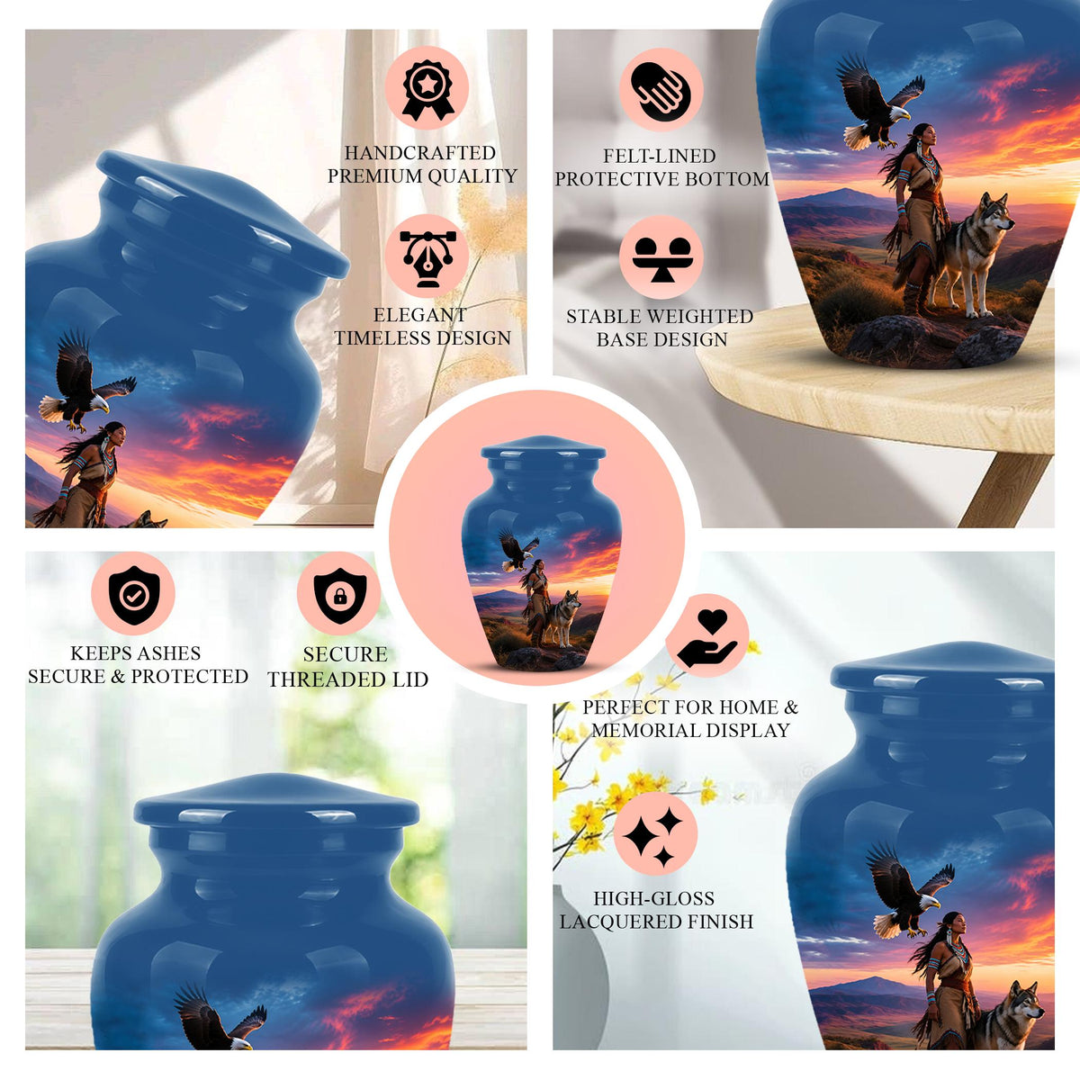 Personalized Native American Cremation Urn for Ashes - Eagle & Wolf Memorial Urn, Custom Human Ashes Urn, Spiritual Funeral Urn