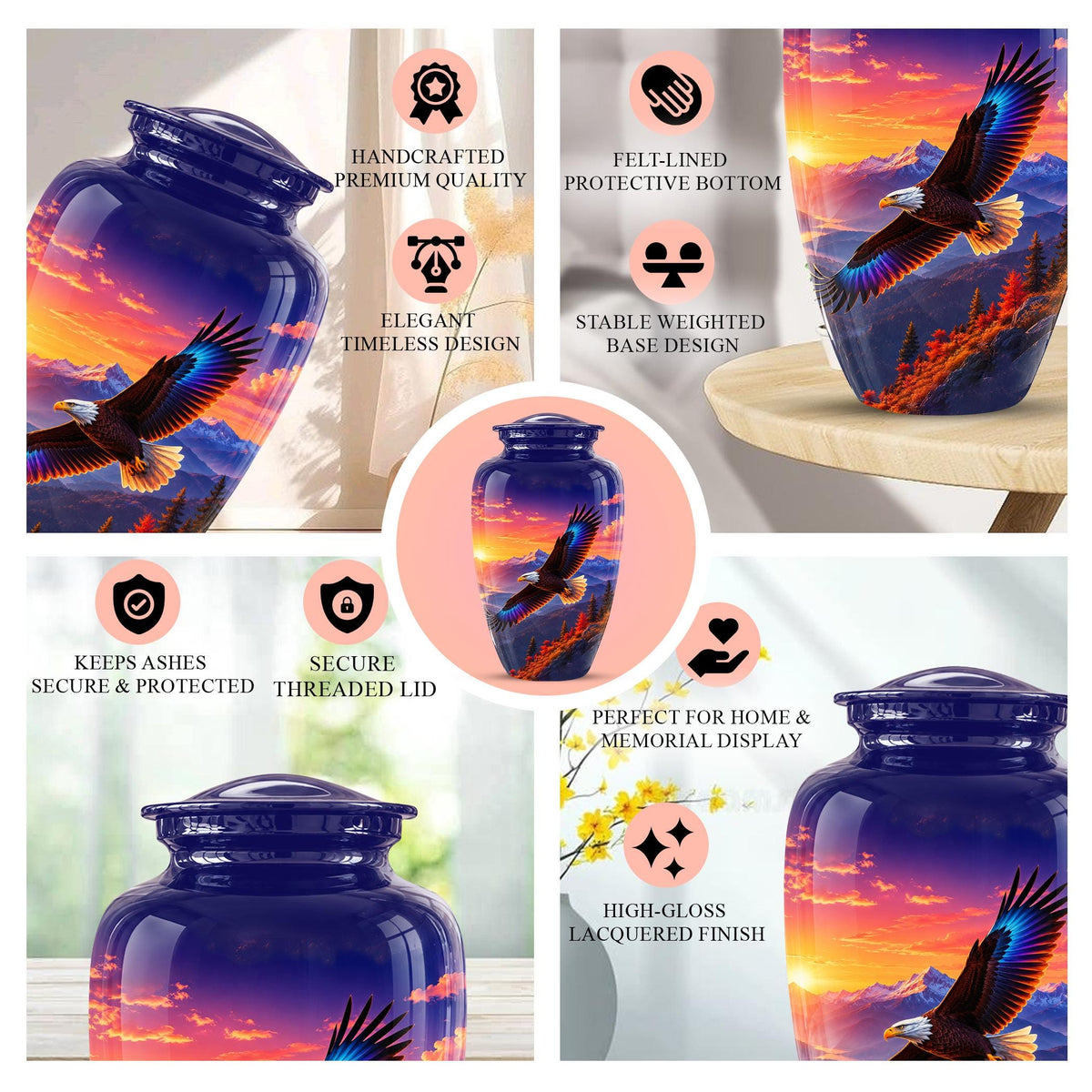 Bald Eagle Cremation Urn for Ashes - Purple Sunset Mountain Memorial Urn