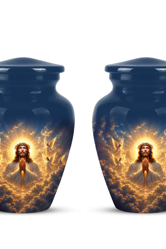 Personalized Jesus Cremation Urn for Ashes, Jesus Christ Prayer Memorial Urn, Golden Halo Christian Tribute, Heavenly Religious Urn (200 Cubic)