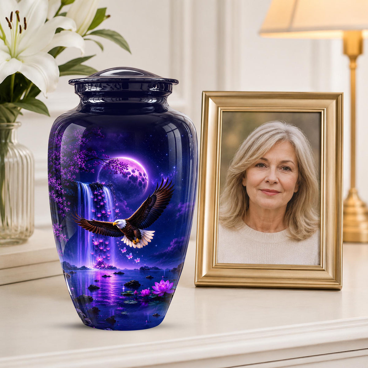 Eagle Cremation Urn for Ashes - Purple Waterfall Bald Eagle Memorial Urn