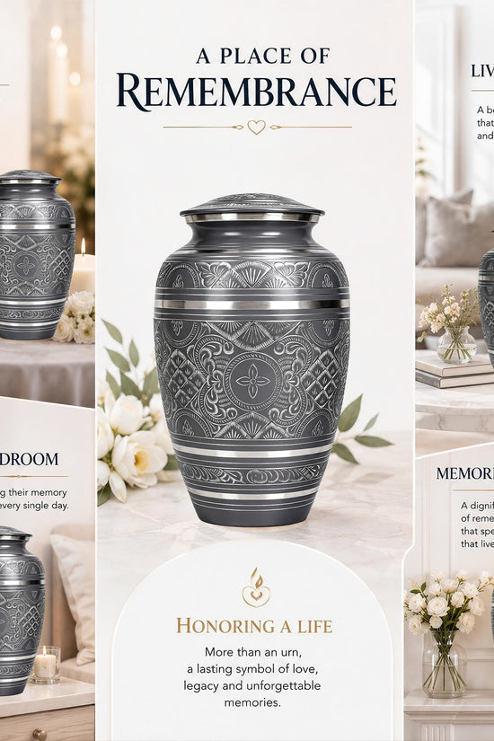 Black and Silver Brass Cremation Urn for Ashes - Ornate Engraved Memorial Urn