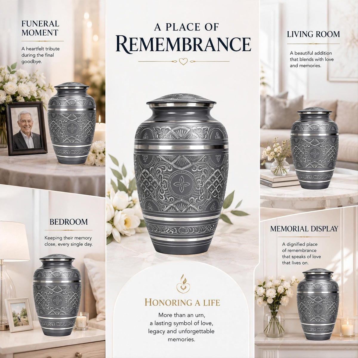Black and Silver Brass Cremation Urn for Ashes - Ornate Engraved Memorial Urn