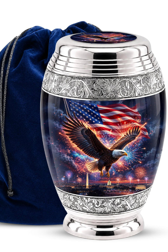 American Flag Eagle Cremation Urn for Ashes - Silver Patriotic Memorial Urn