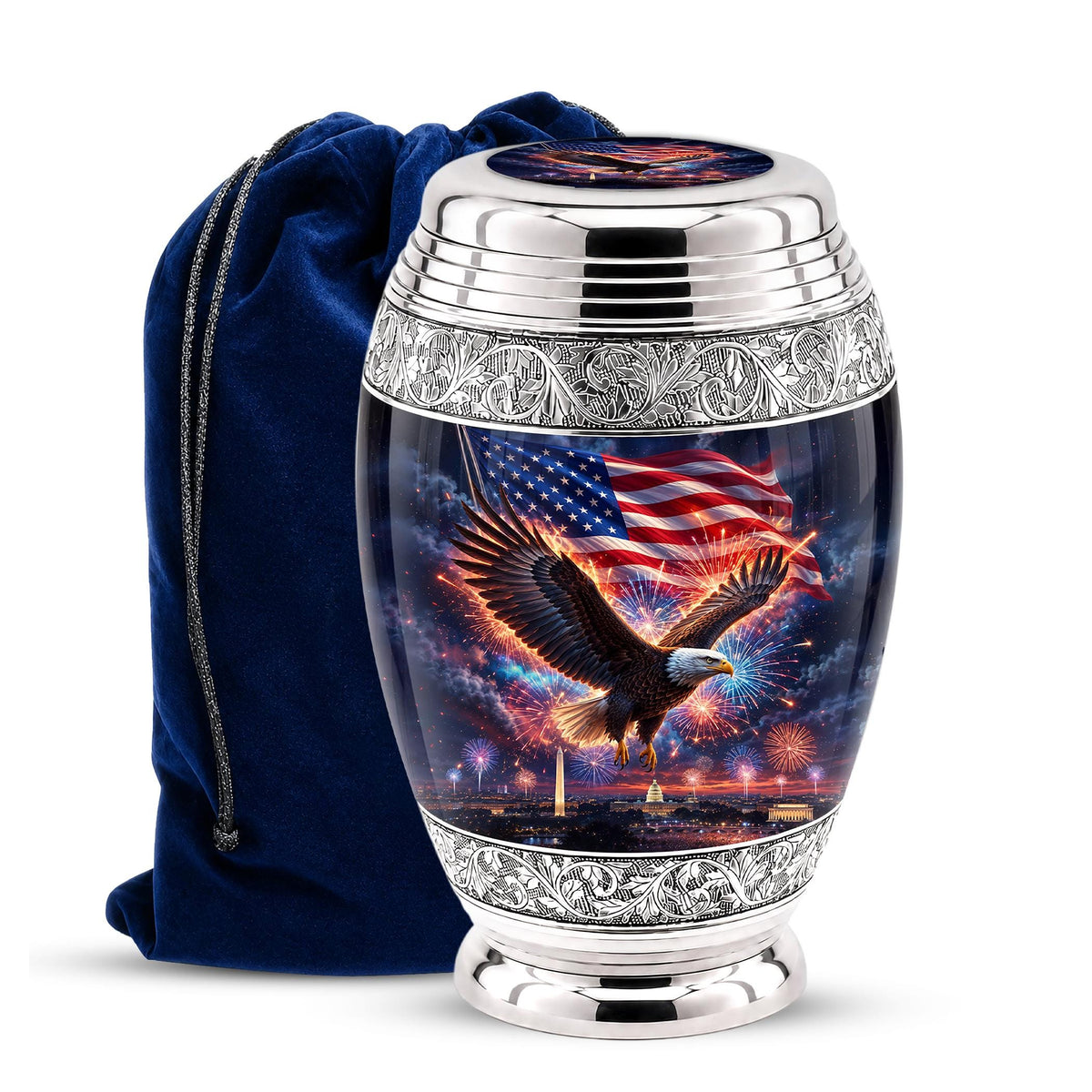 American Flag Eagle Cremation Urn for Ashes - Silver Patriotic Memorial Urn