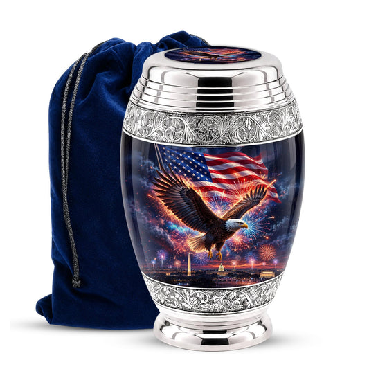 American Flag Eagle Cremation Urn for Ashes - Silver Patriotic Memorial Urn
