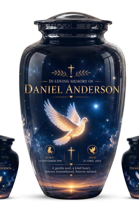 Personalized White Dove Cremation Urn - Christian Memorial Ashes Container (Custom Name & Dates)