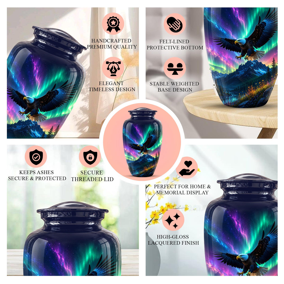 Eagle Cremation Urn for Ashes - Northern Lights Bald Eagle Memorial Urn