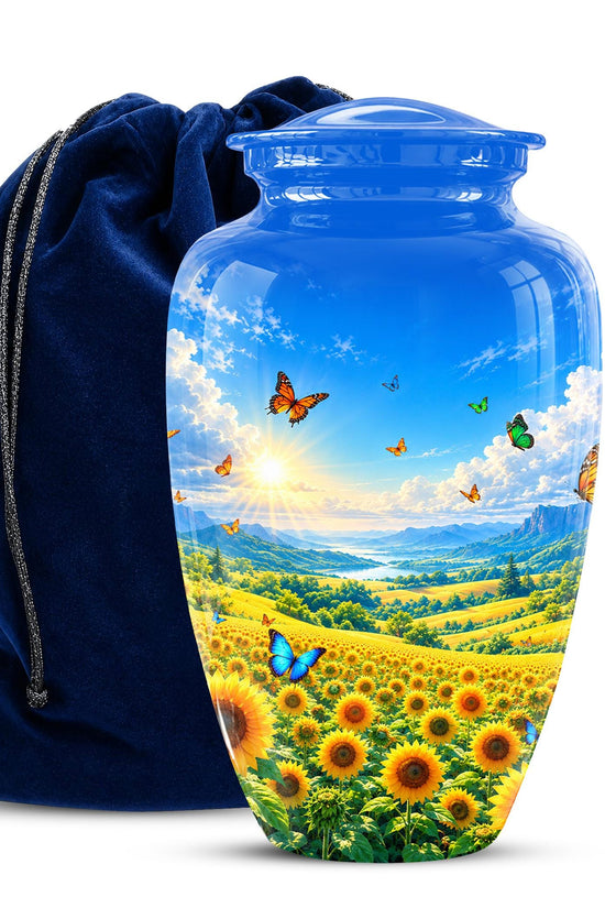 Butterfly and Sunflower Cremation Urn for Ashes - Blue Sky Floral Memorial Urn