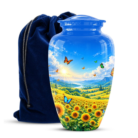 Butterfly and Sunflower Cremation Urn for Ashes - Blue Sky Floral Memorial Urn