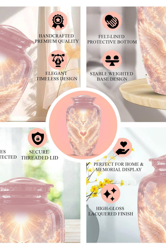 Personalized Angel Wings Cremation Urn for Ashes - Pink Heart Memorial Urn, Heavenly Dove Tribute