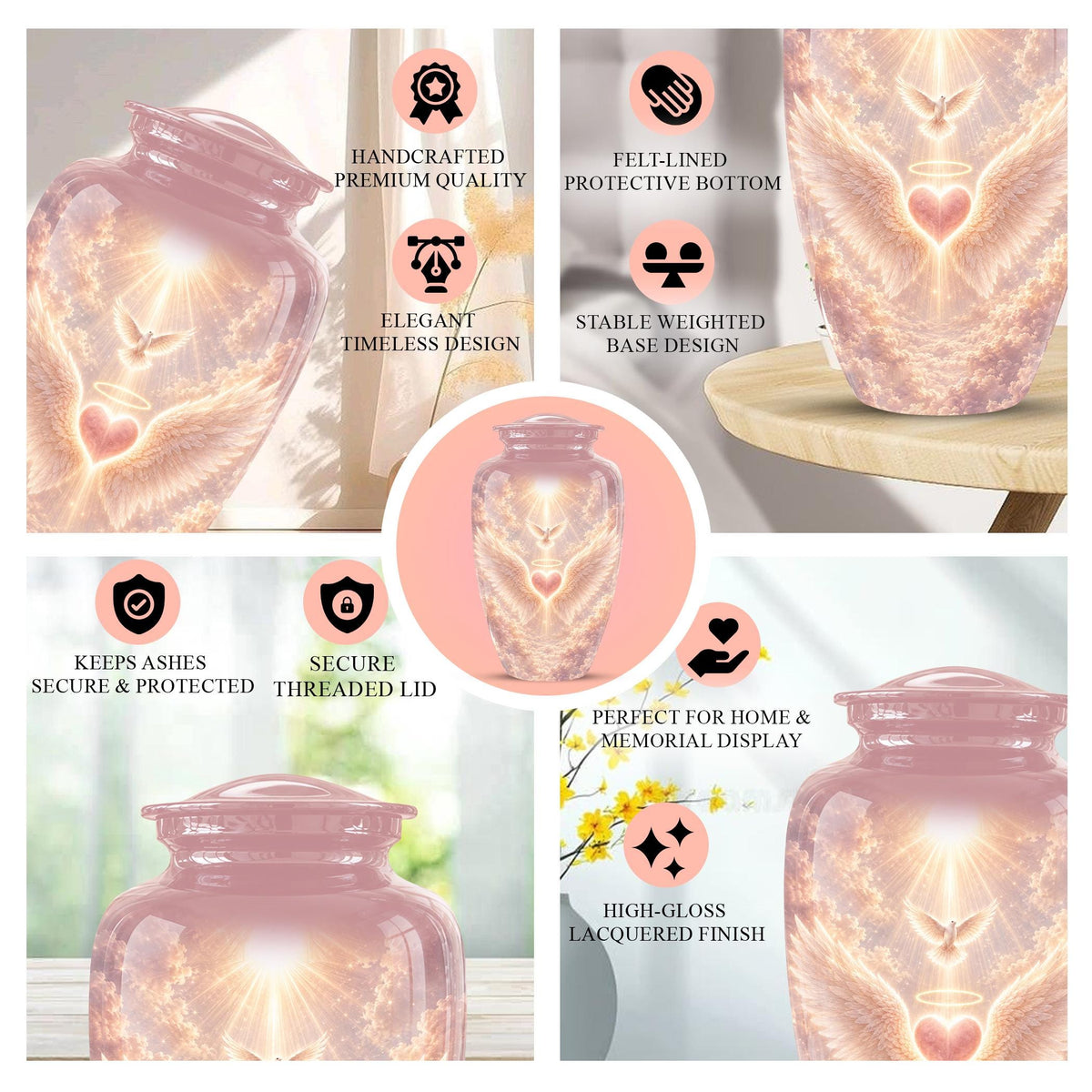 Personalized Angel Wings Cremation Urn for Ashes - Pink Heart Memorial Urn, Heavenly Dove Tribute