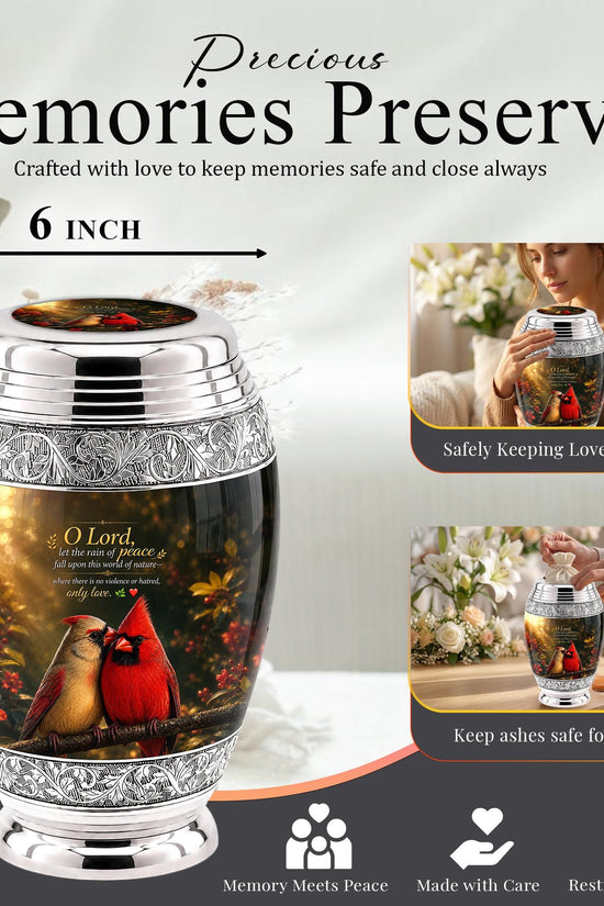Personalized Cardinal Cremation Urn, Silver-Tone Memorial Ashes Urn, Floral Nature Scene