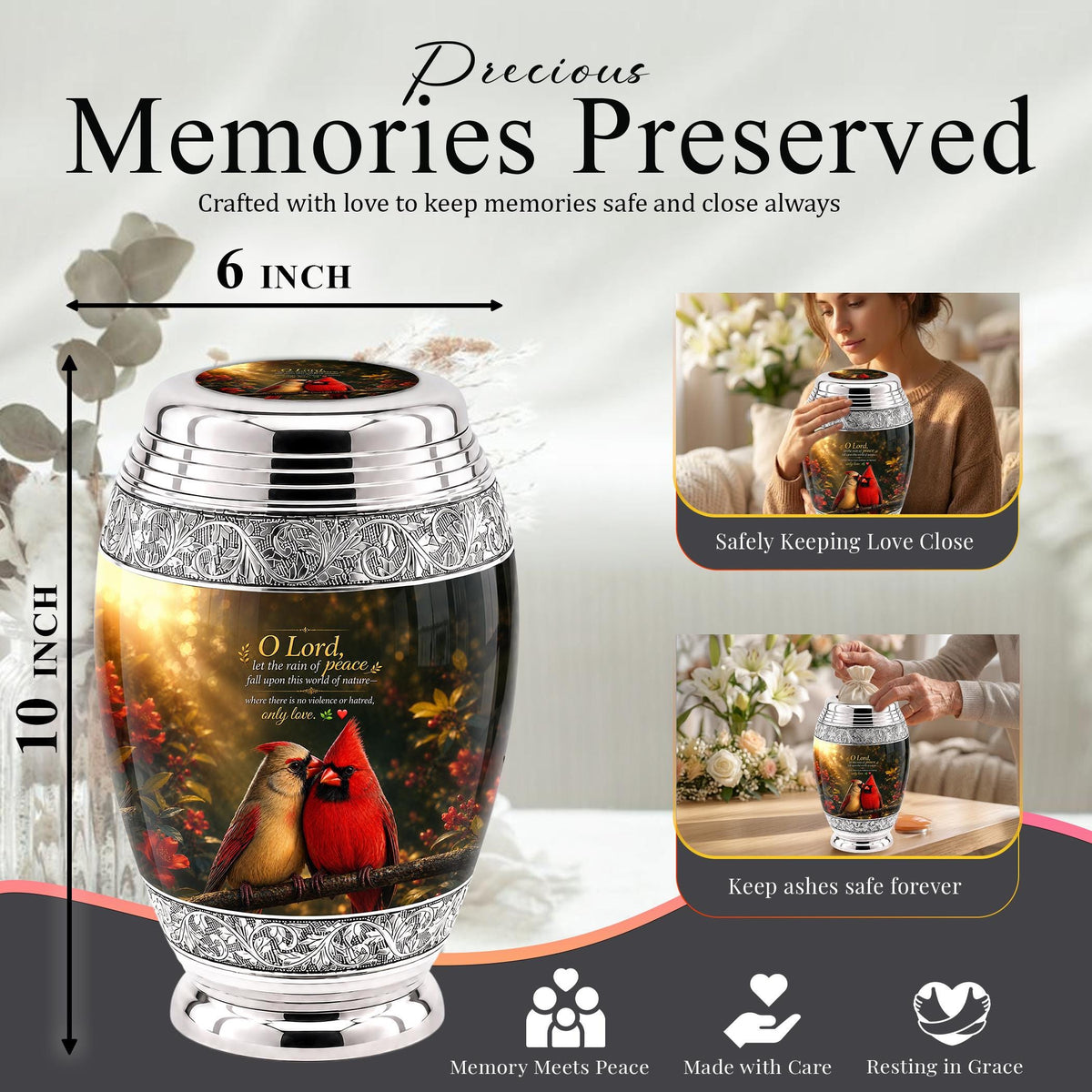 Personalized Cardinal Cremation Urn, Silver-Tone Memorial Ashes Urn, Floral Nature Scene