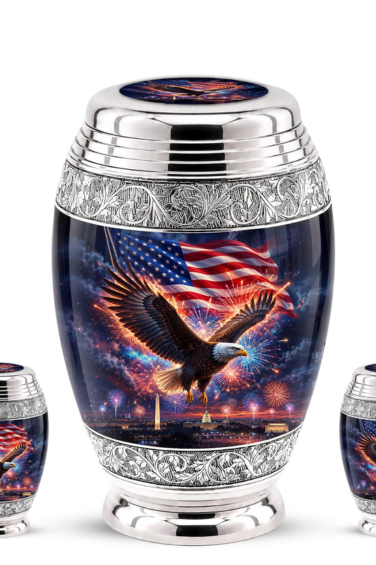 American Flag Eagle Cremation Urn for Ashes - Silver Patriotic Memorial Urn
