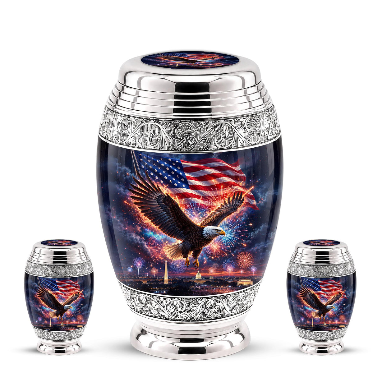 American Flag Eagle Cremation Urn for Ashes - Silver Patriotic Memorial Urn