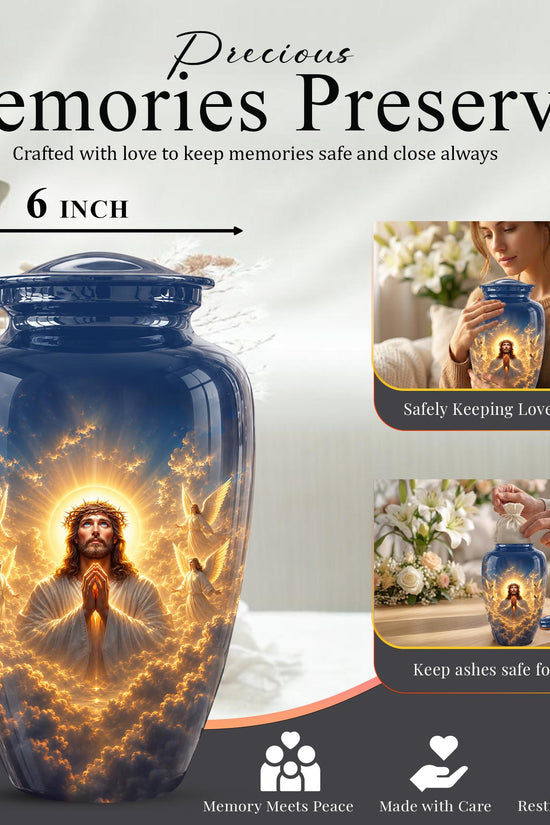 Personalized Jesus Cremation Urn for Ashes, Jesus Christ Prayer Memorial Urn, Golden Halo Christian Tribute, Heavenly Religious Urn (200 Cubic)