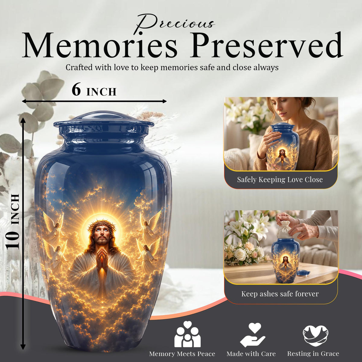 Personalized Jesus Cremation Urn for Ashes, Jesus Christ Prayer Memorial Urn, Golden Halo Christian Tribute, Heavenly Religious Urn (200 Cubic)