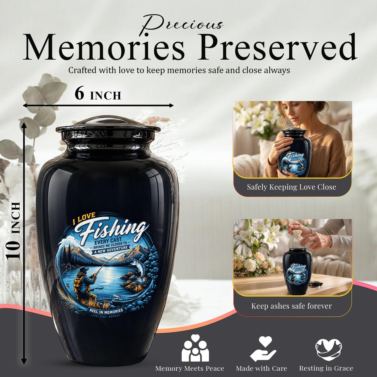 Personalized Fishing Memorial Urn - Adults Ashes For Male