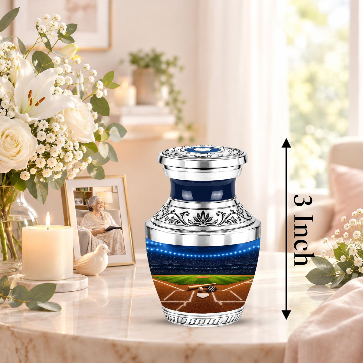 Baseball Cremation Urn for Ashes - Silver Baseball Stadium Memorial Urn