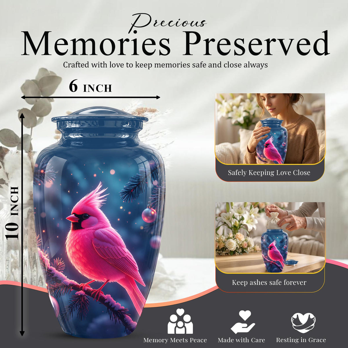 Personalized Pink Cardinal Urn, Memorial Keepsake, Sympathy Tribute