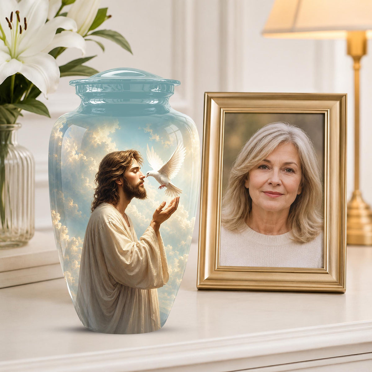 Personalized Christian Cremation Urn - Jesus Dove Memorial Keepsake