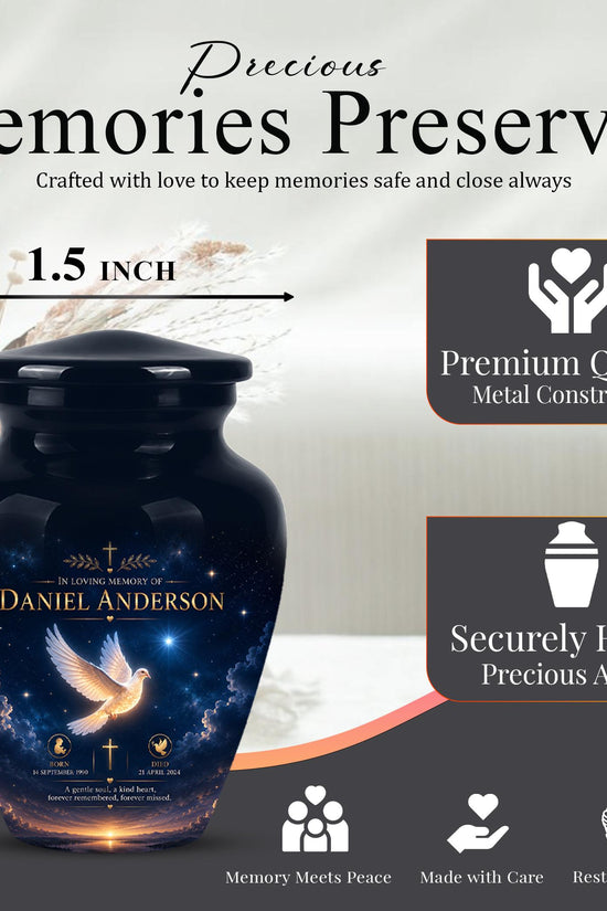 Personalized White Dove Cremation Urn - Christian Memorial Ashes Container (Custom Name & Dates)
