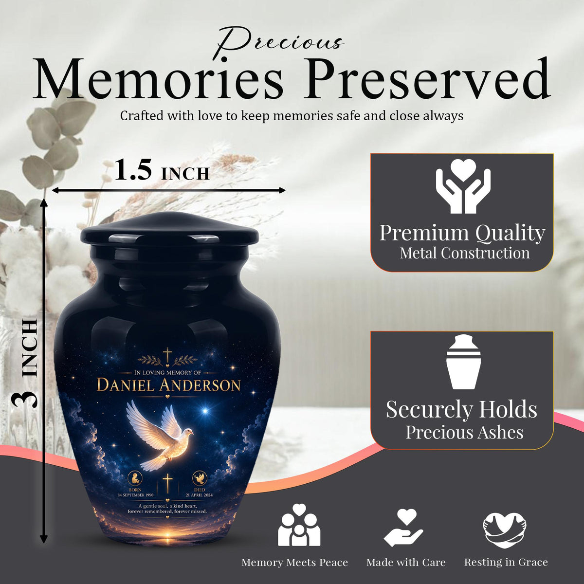 Personalized White Dove Cremation Urn - Christian Memorial Ashes Container (Custom Name & Dates)