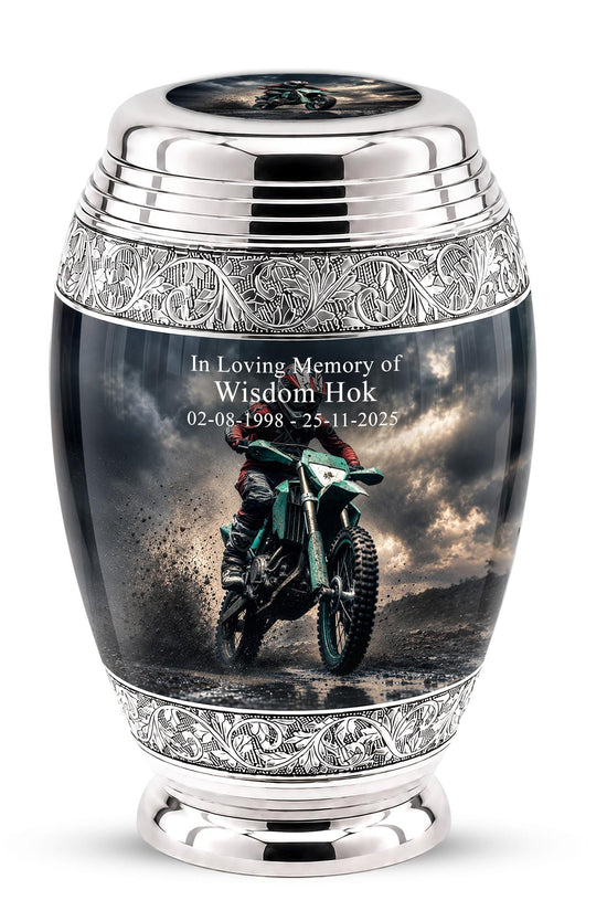 Personalized Motocross Rider Cremation Urn, Glossy Black Finish, Memorial Keepsake