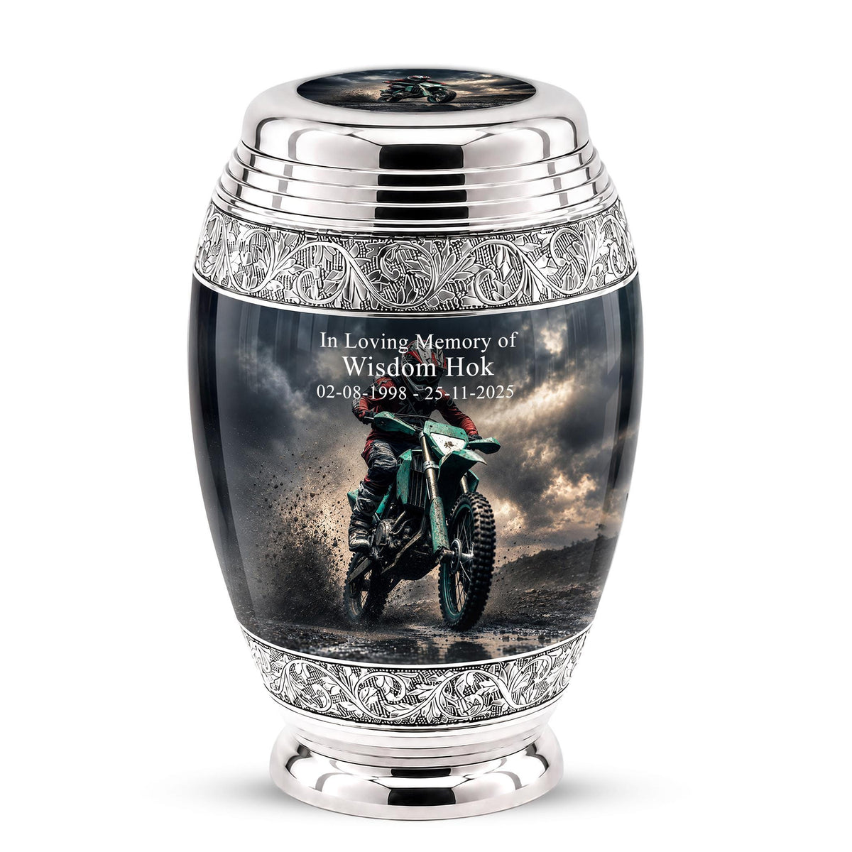 Personalized Motocross Rider Cremation Urn, Glossy Black Finish, Memorial Keepsake