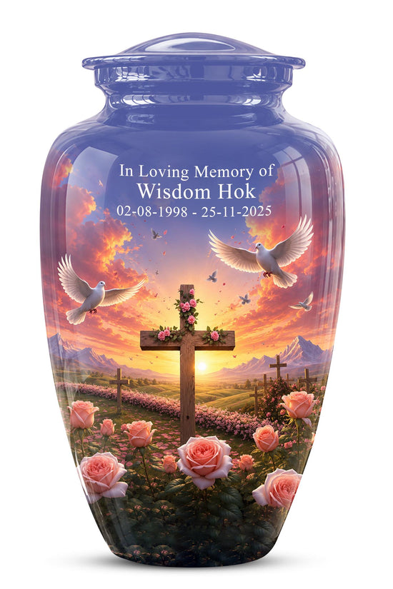 Faith Memorial Ashes Keepsake - Cross Dove Sunset Art