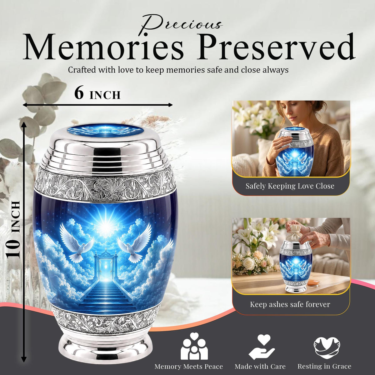 Personalized Heavenly Dove Cremation Urn for Ashes - Blue Gates of Heaven Memorial Urn