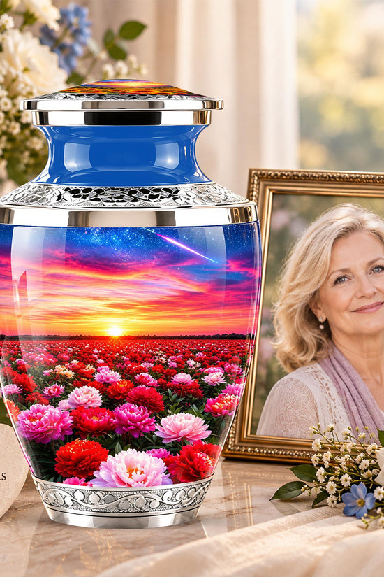 Floral Sunset Cremation Urn, Personalized Memorial Keepsake (Adult)