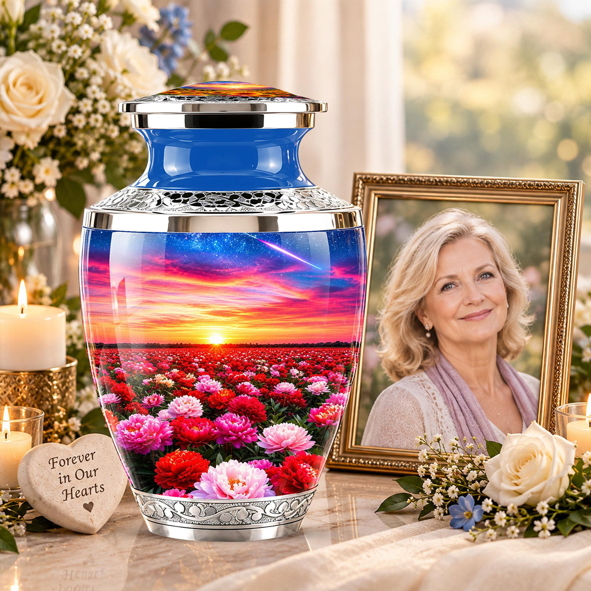 Floral Sunset Cremation Urn, Personalized Memorial Keepsake (Adult)