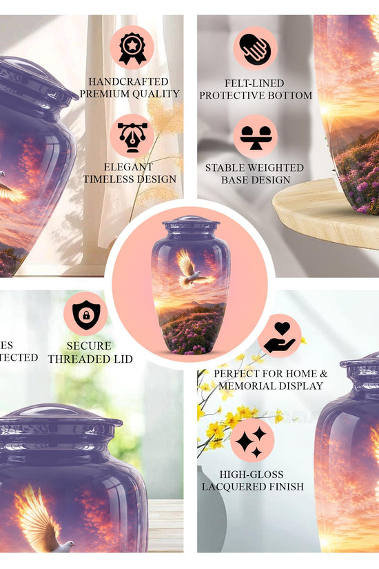 Personalized White Dove Cremation Urn for Ashes - Sunset Dove Memorial Urn, Pink Floral Heavenly
