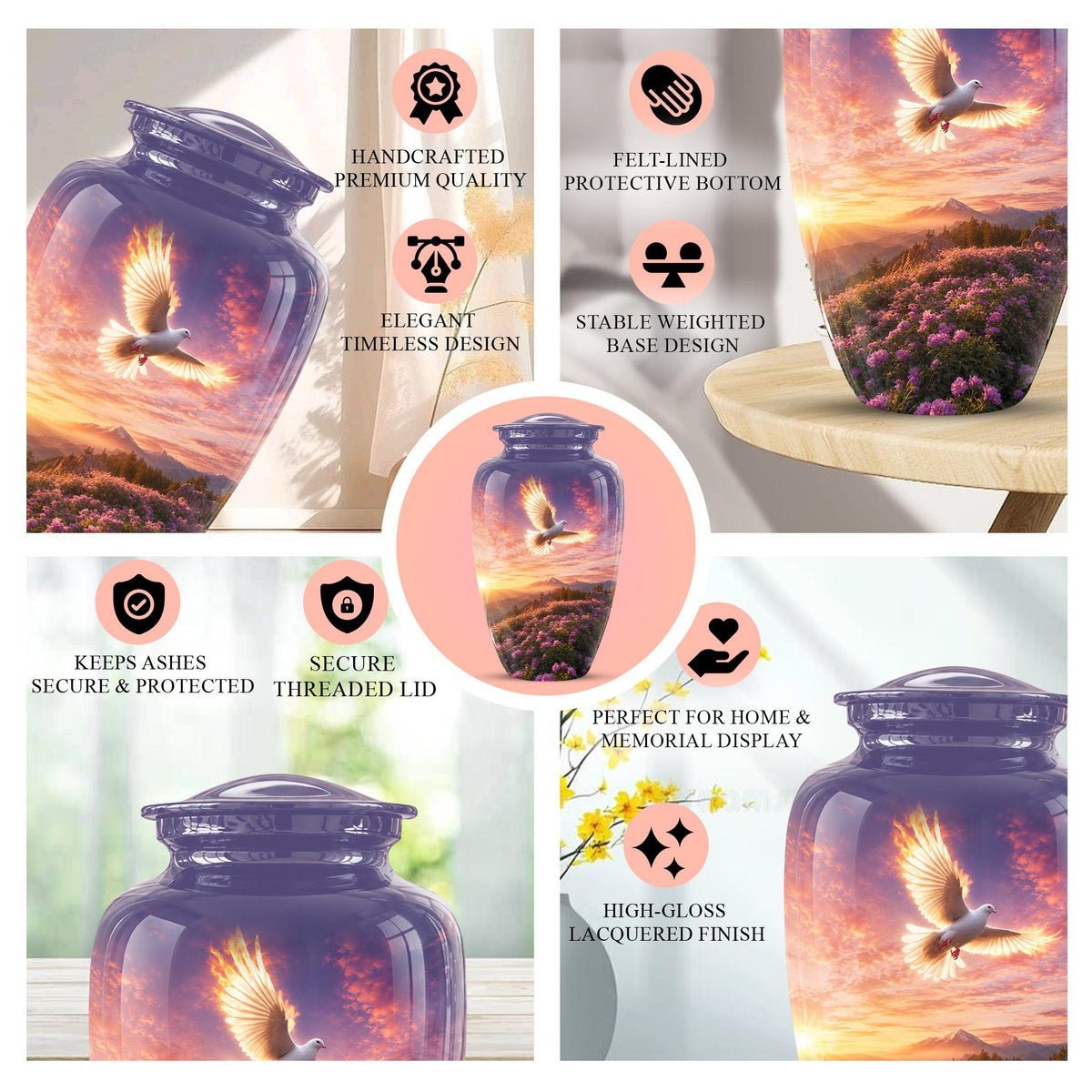Personalized White Dove Cremation Urn for Ashes - Sunset Dove Memorial Urn, Pink Floral Heavenly