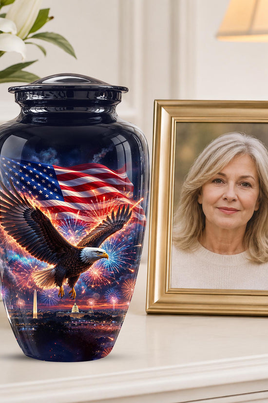 American Flag Eagle Cremation Urn for Ashes - Patriotic Bald Eagle Memorial Urn