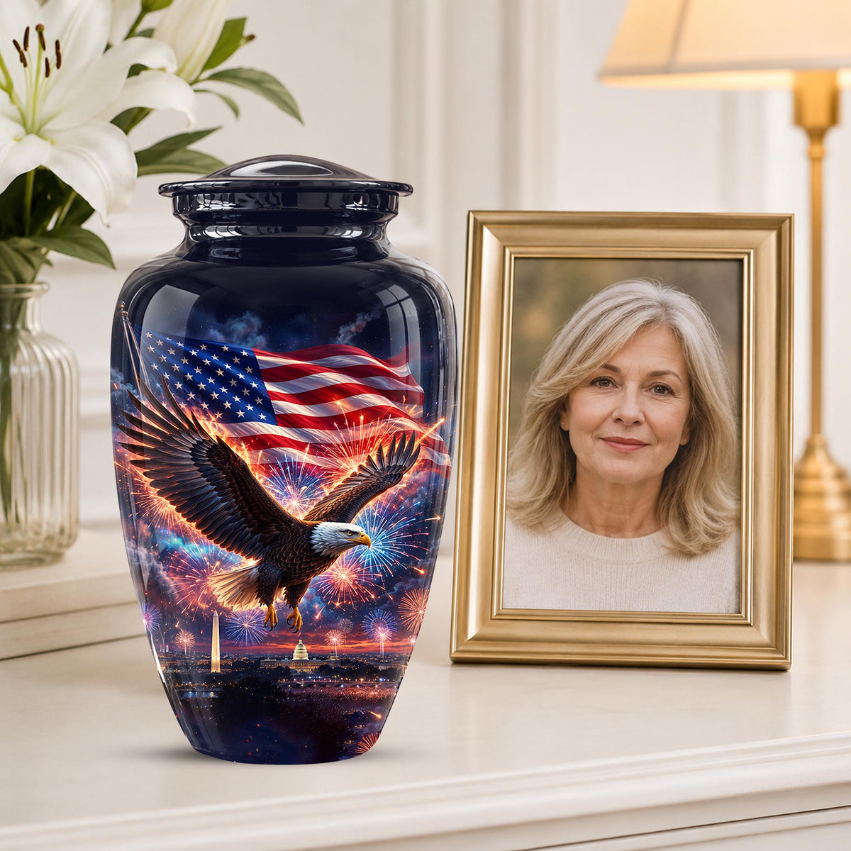 American Flag Eagle Cremation Urn for Ashes - Patriotic Bald Eagle Memorial Urn