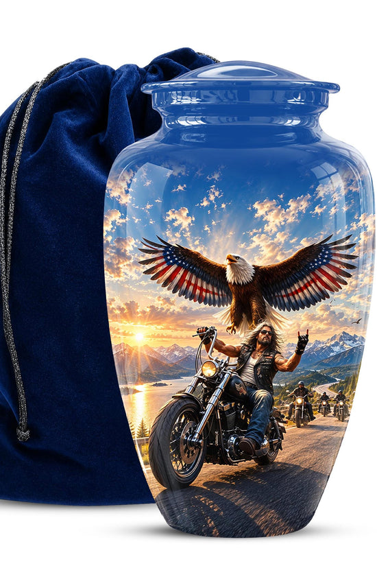 Motorcycle Eagle Cremation Urn for Ashes - Biker Memorial Urn, Blue Sky Sunset Motorcycle Tribute
