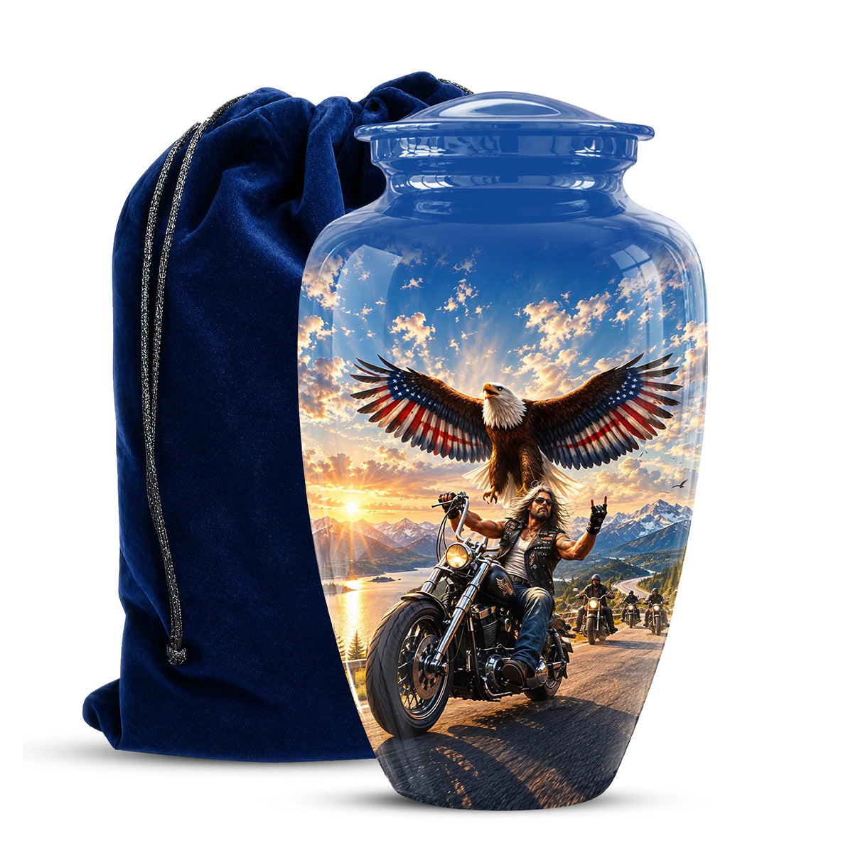 Motorcycle Eagle Cremation Urn for Ashes - Biker Memorial Urn, Blue Sky Sunset Motorcycle Tribute