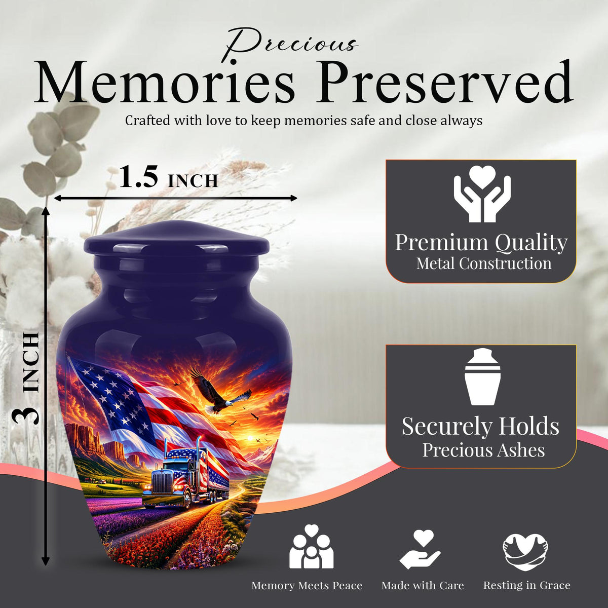 American Flag Truck Cremation Urn for Ashes - Patriotic Eagle Memorial Urn
