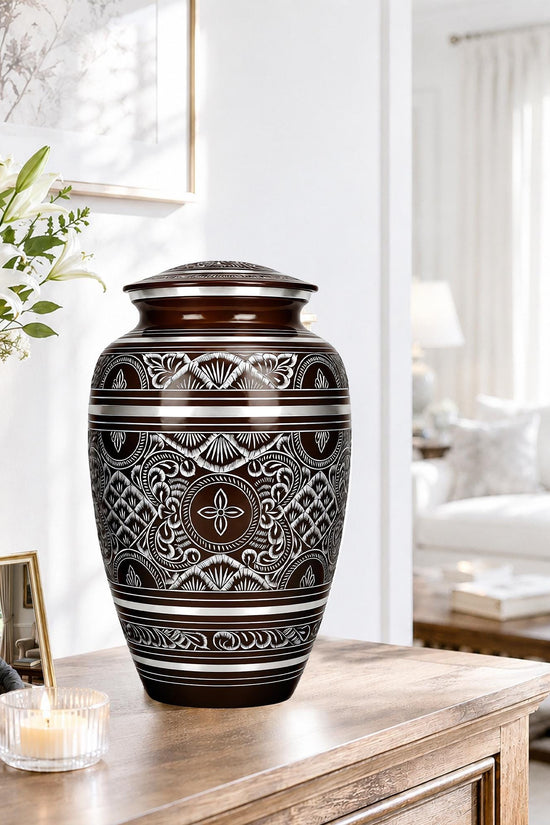 Brass Cremation Urn for Ashes - Black and Silver Engraved Memorial Urn