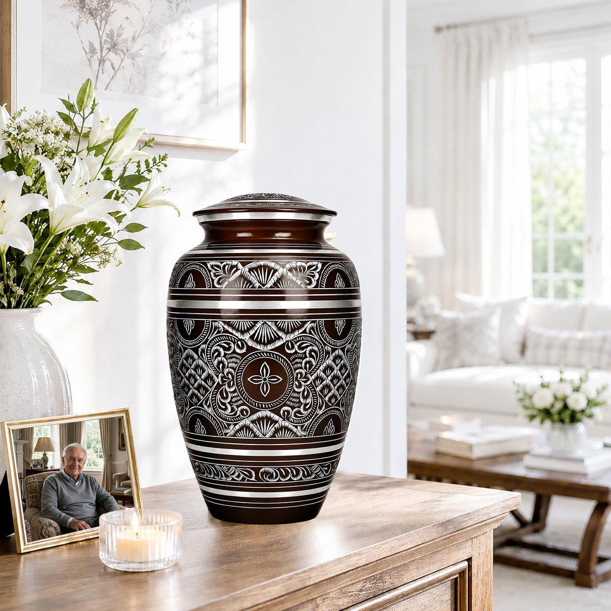 Brass Cremation Urn for Ashes - Black and Silver Engraved Memorial Urn
