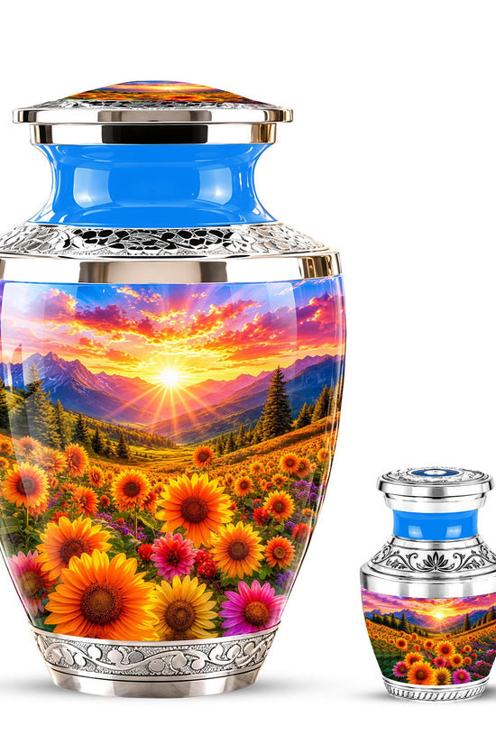Personalized Cremation Urn, Floral Sunset Mountain Landscape, Memorial Keepsake