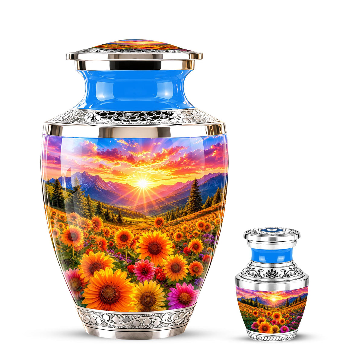 Personalized Cremation Urn, Floral Sunset Mountain Landscape, Memorial Keepsake